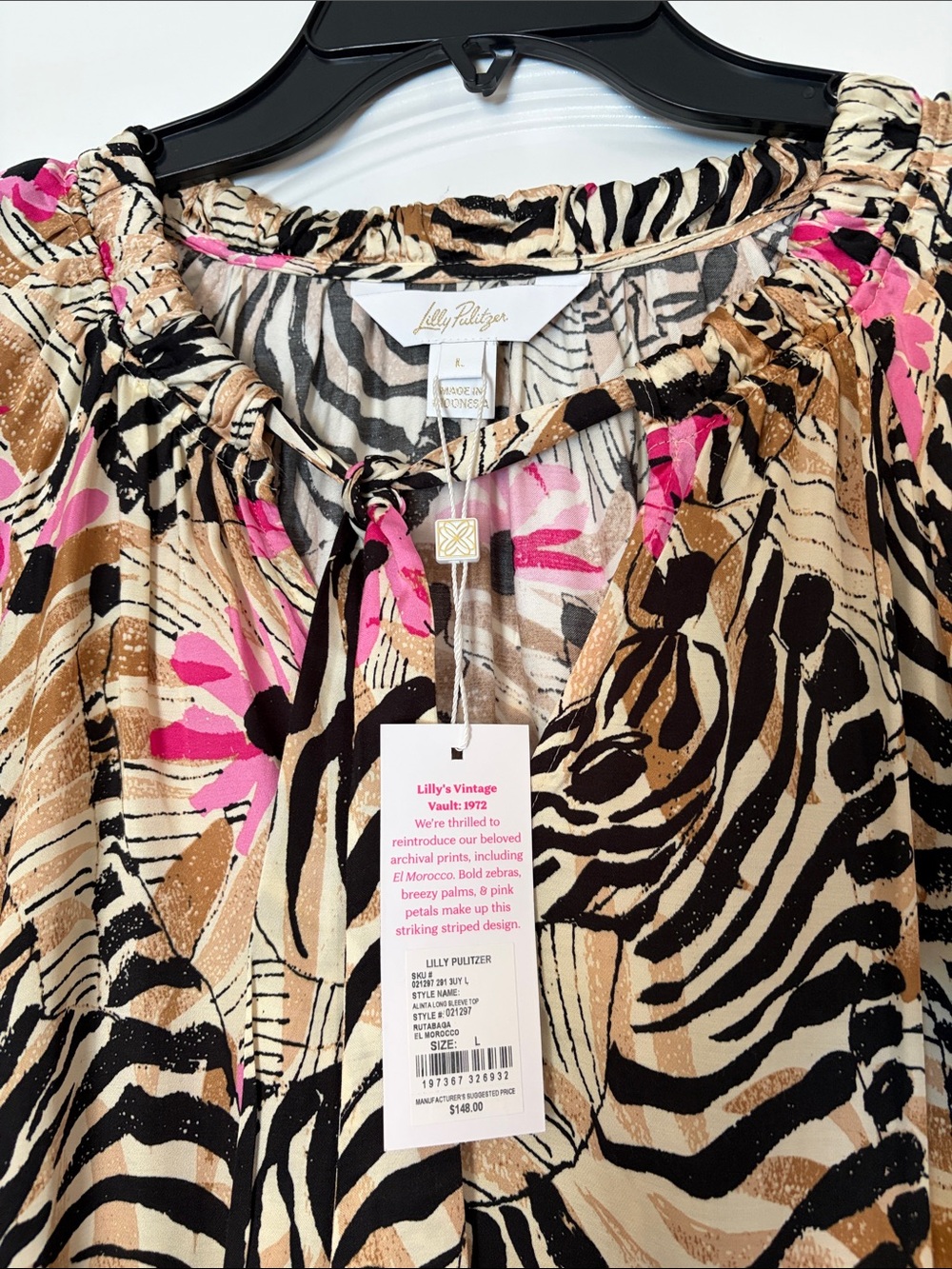 Lilly Pulitzer Tan, Black & Pink Zebra-Print Floral Blouse - Picture 3 of 5